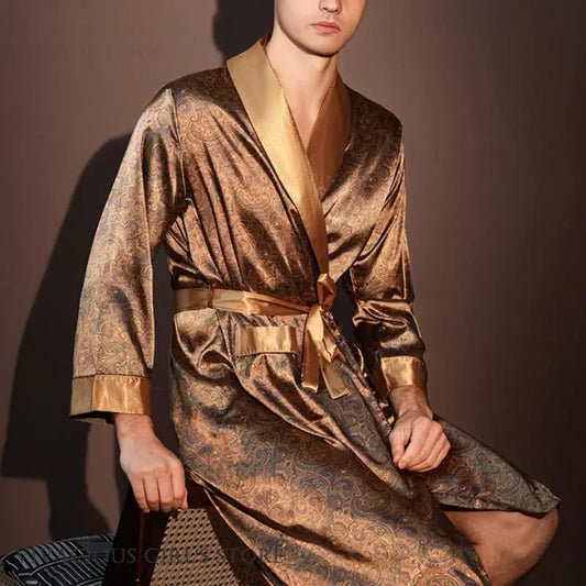 Kimono Peignoir Satin Imprimé Homme — Robe de Chambre avec Poches, Col en V
