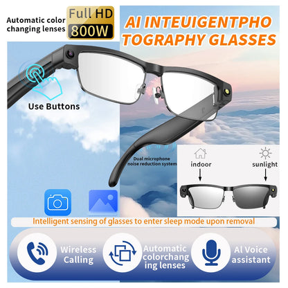 LIGE 800W HD Camera Smart Glasses 1200P HD Video Recording Chat Translation Voice Control Calling Sunglasses Color-Changing Lenses