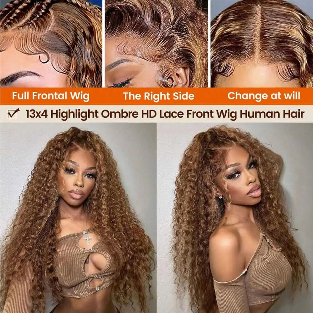 Perruque Lace Frontal Wig naturelle bouclée à reflets, cheveux humains, 13x4, sans colle, HD, Deep Wave, 4/27, colorée, pre-plucked