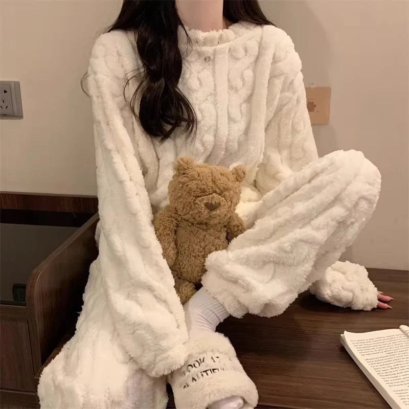 Ensemble Pyjama Flanelle Polaire Femme — Haut Col Rond & Pantalon Chaud