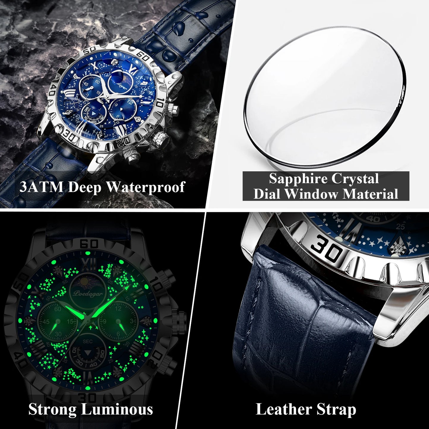 Montre Quartz Luxe Homme POEDAGAR 973 — Chronographe Lumineux, Verre Saphir, Bracelet Cuir, 3 ATM, 7 Coloris | TechNova X