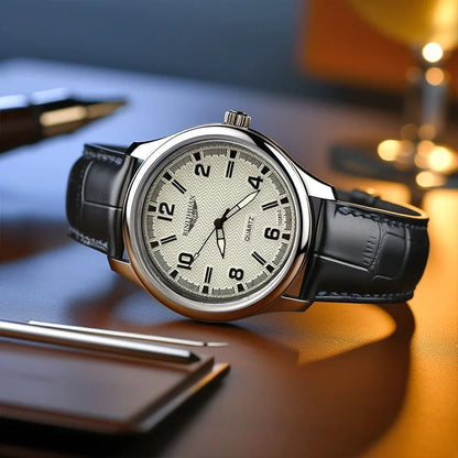 Montre Quartz Homme Business — Boîtier Rond Alliage, Bracelet Cuir, Étanche 3 ATM, Coffret Cadeau Inclus | TechNova X