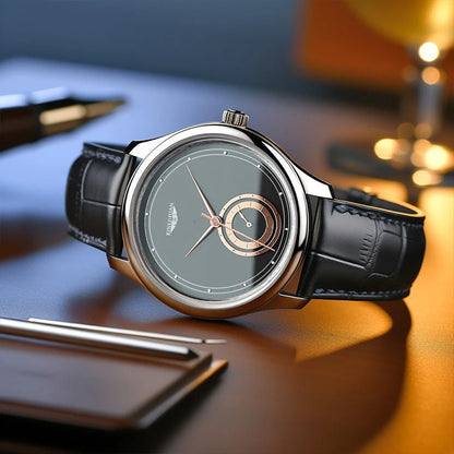 Montre Homme Quartz BEE SHIRLEY — Bracelet Cuir Noir, Cadran Minimaliste 40mm, Style Luxe Robe