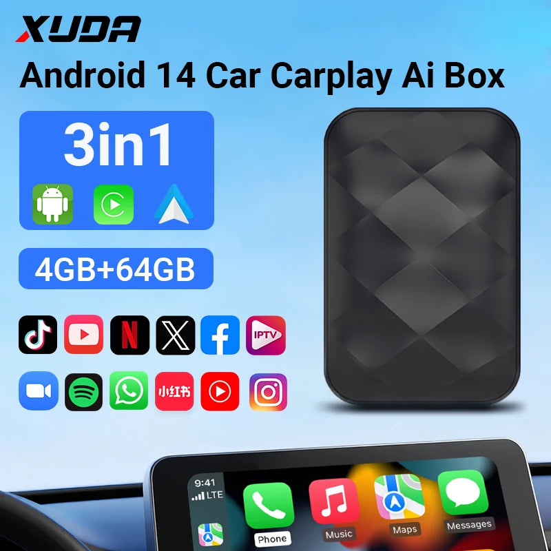 XUDA Android14 sans fil CarPlay/Android Auto 3in1 nouveau CarPlay Ai Box 4 cœurs 4GB RAM + 64GB ROM Plug and Play Transmission Stable