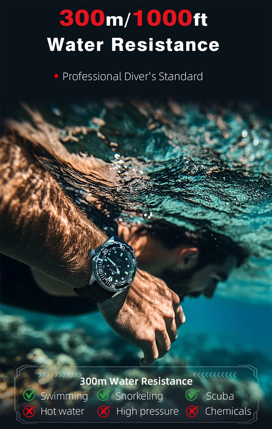 Montre Plongée NORTH EDGE TRITON — Solaire, Quartz, Acier 316L, Étanche 300M