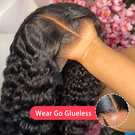 Perruque Lace Front Wig synthétique transparente, Deep Wave, douce, 13x4x1, pre-plucked, nœuds décolorés, sans colle, pour femmes noires, Cosplay, fête quotidienne