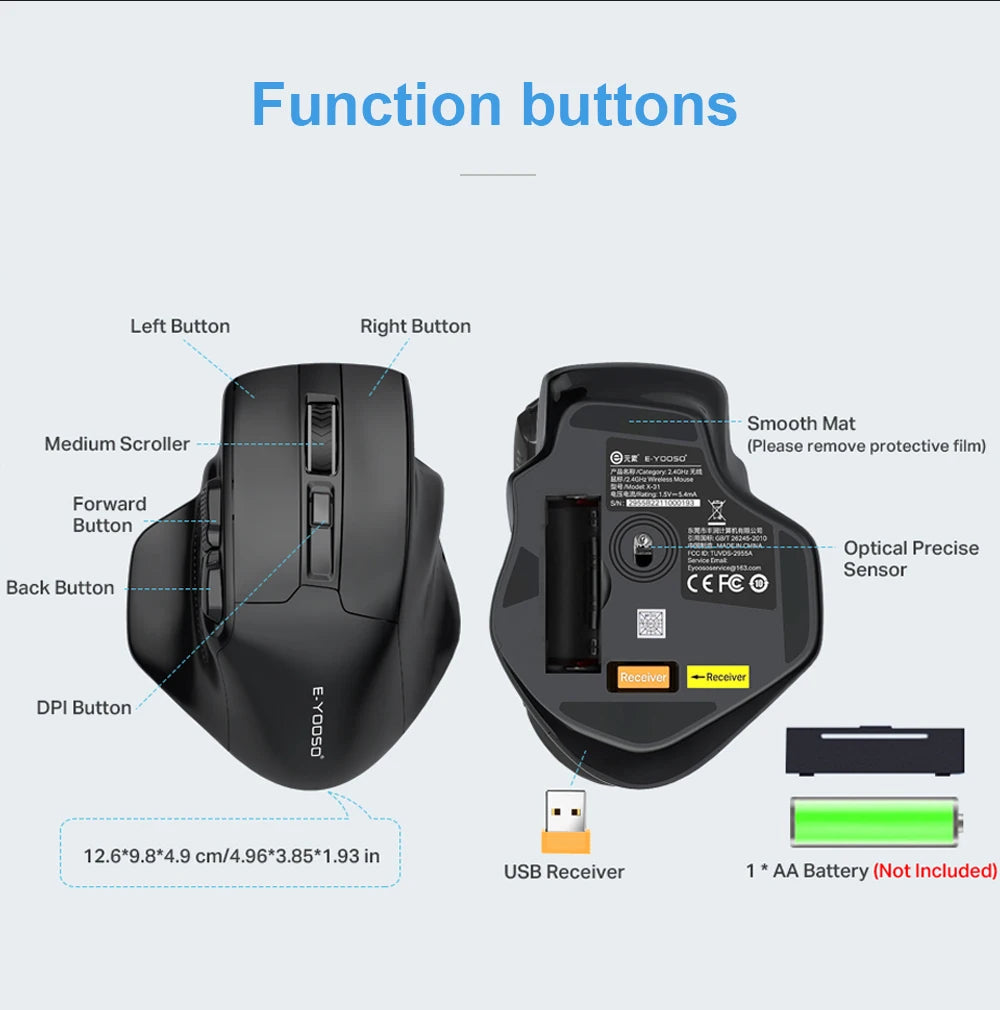 E-YOOSO X-31 USB 2.4G souris de jeu sans fil grande pour grandes mains PAW3212 4800 DPI 5 boutons pour souris gamer ordinateur portable PC
