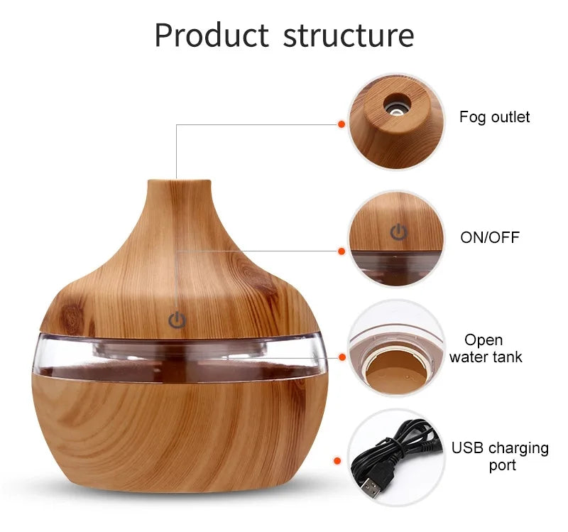 Humidificateur Ultrasonique 300ml Design Bois — LED 7 Couleurs, Commande Tactile & USB 5V