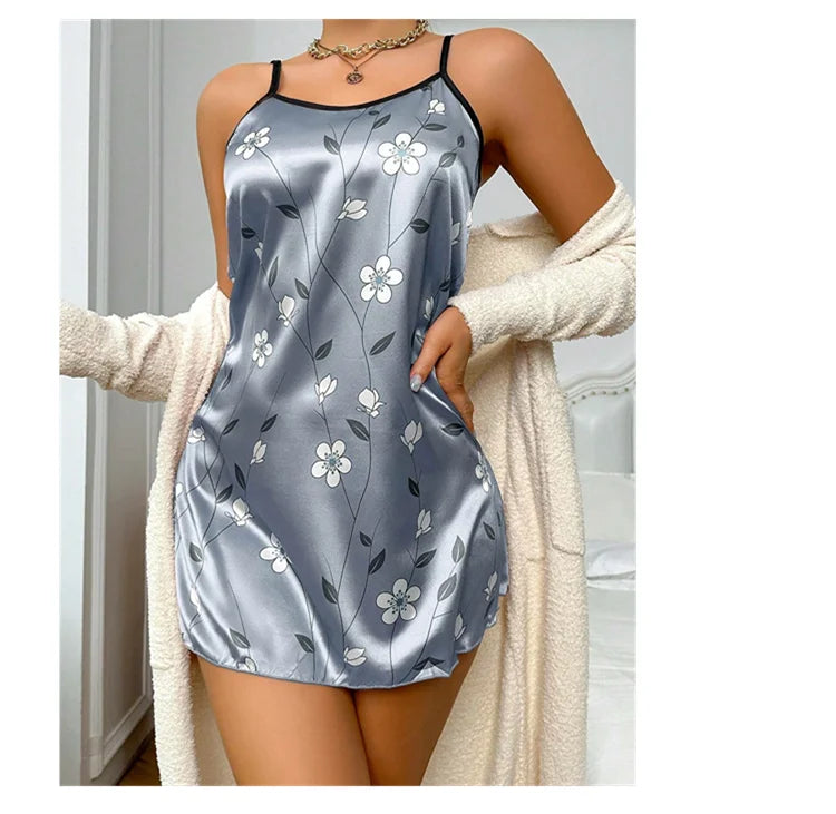 Robe de nuit en satin à imprimé floral pour femme, confortable, bretelles spaghetti, luxueuse, slip