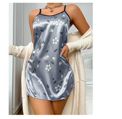 Robe de nuit en satin à imprimé floral pour femme, confortable, bretelles spaghetti, luxueuse, slip