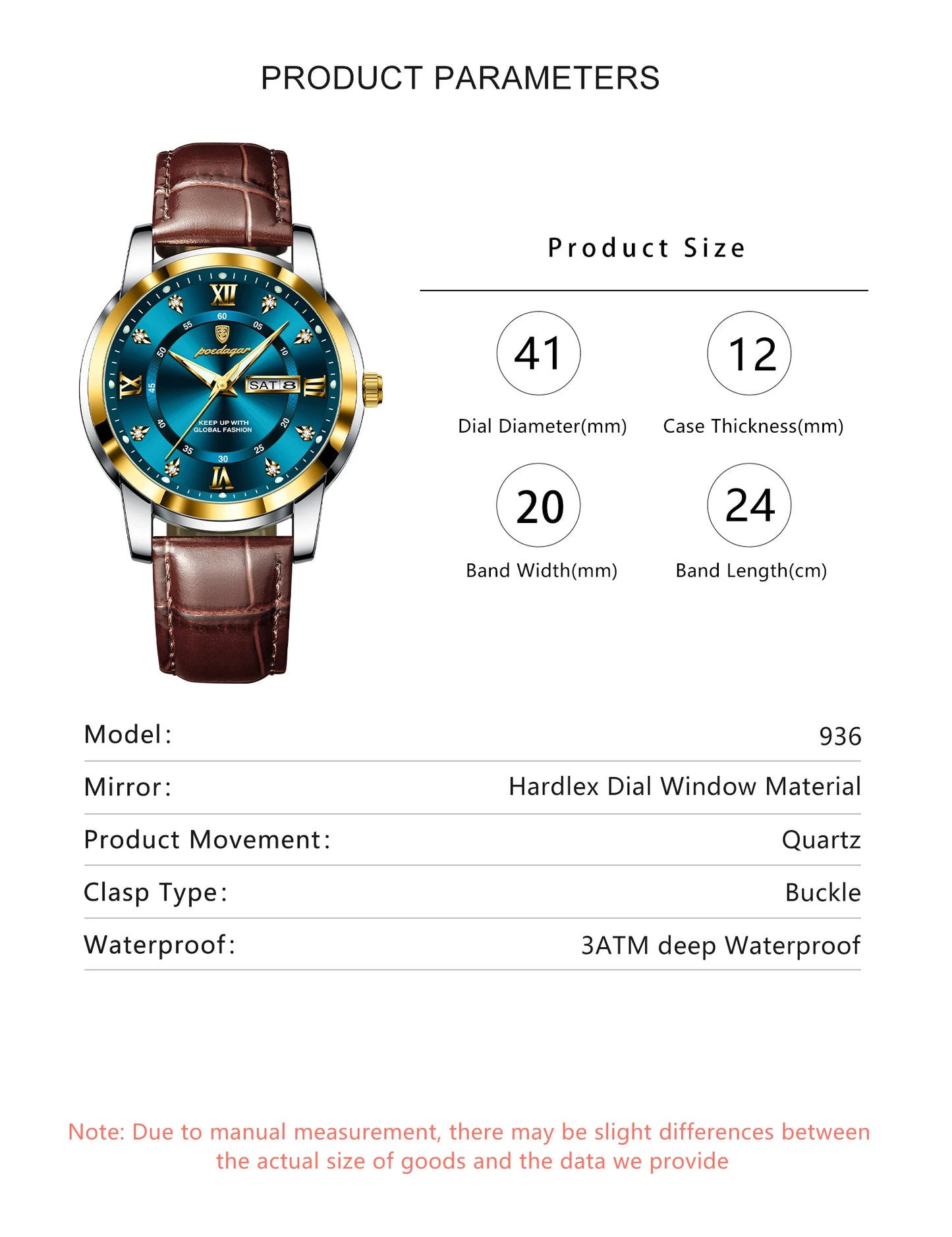Montre Homme POEDAGAR 936L — Quartz, Bracelet Cuir, Lumineux, Date & Semaine