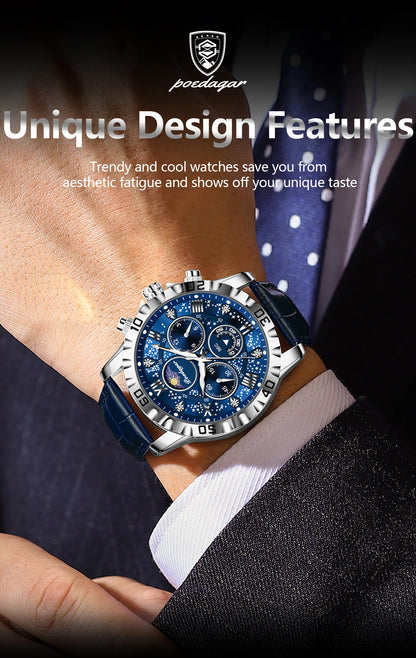 Montre Quartz Luxe Homme POEDAGAR 973 — Chronographe Lumineux, Verre Saphir, Bracelet Cuir, 3 ATM, 7 Coloris | TechNova X