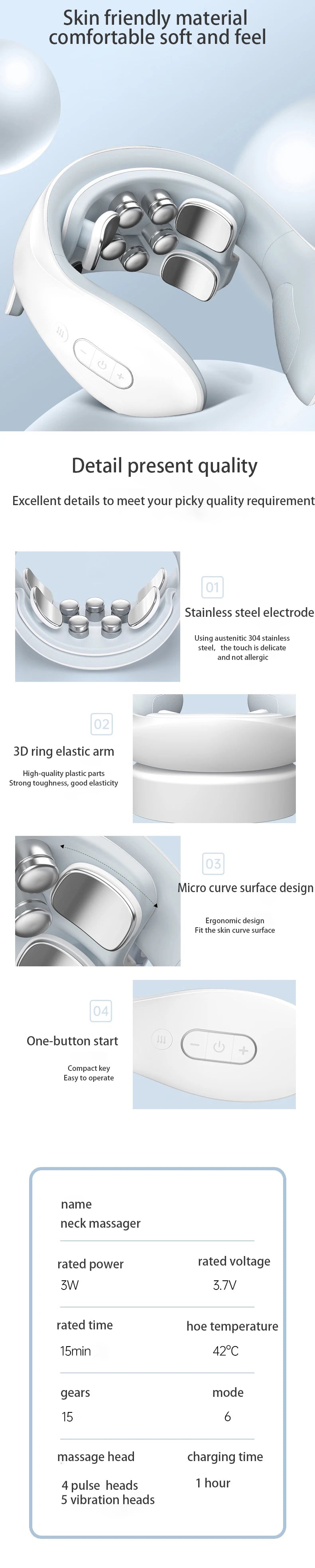 Electric Neck Massager with Heat, Cordless Shoulder Cervical Pain Relief, Portable Muscle Massage