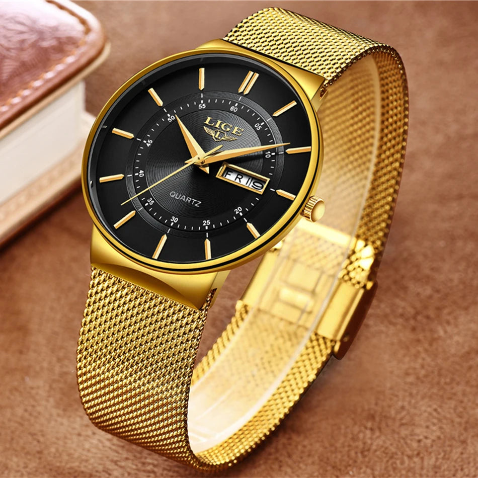 Montre Homme LIGE 9949 — Quartz Ultra-Fine, Bracelet Acier Inox, Date & Semaine, 3 ATM