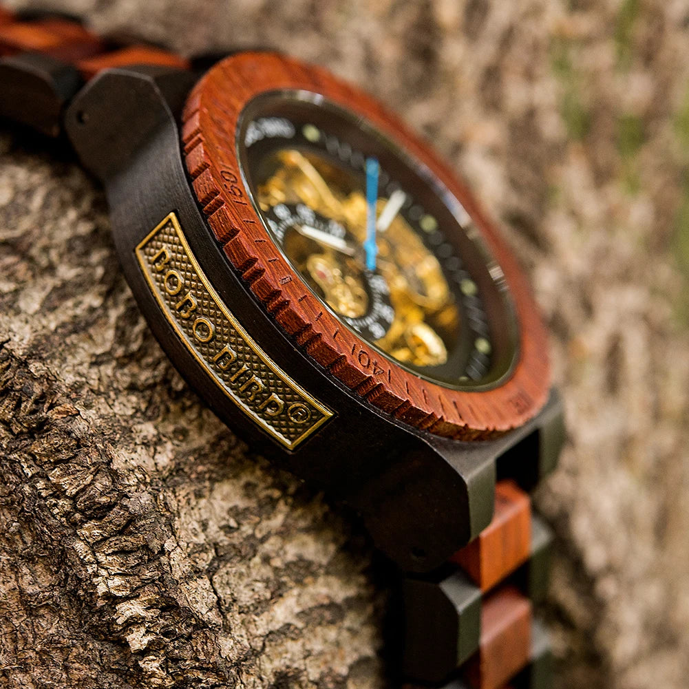 Montre Mécanique en Bois Homme BOBO BIRD — Squelette Lumineux, Étanche 3 ATM, Gravure Personnalisée, 6 Modèles | TechNova X