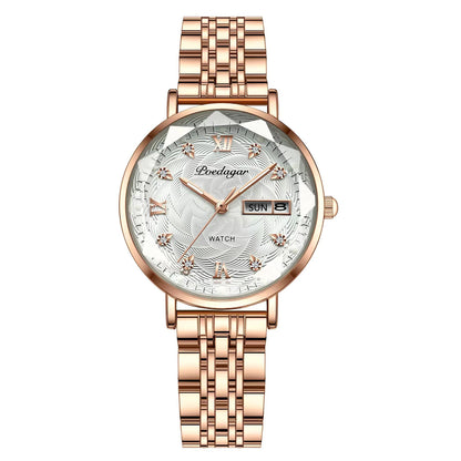 Montre Femme Quartz POEDAGAR 3012 — Acier Inoxydable, Aiguilles Lumineuses, Date & Jour, 3 ATM