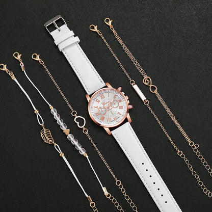 Coffret 6 Pièces Femme Style Roma — Montre Quartz Chiffres Romains 42mm + 5 Bracelets Cuir Interchangeables