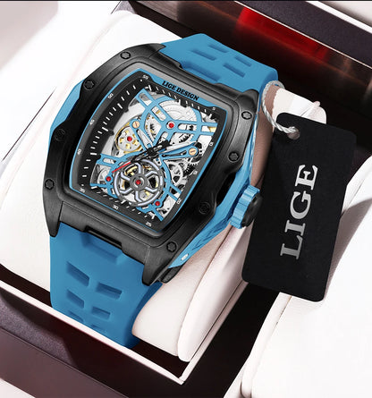Montre Mécanique Homme Squelette — Boîtier Carré Acier, Automatique, Étanche 3 ATM, Bracelet Silicone | TechNova X