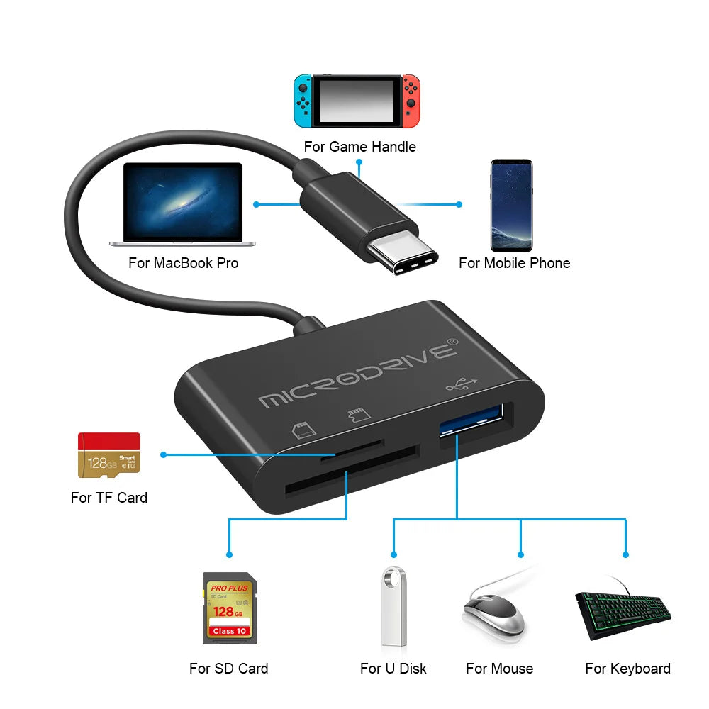 Type USB C HUB 3 en 1 pour carte mémoire/flash USB/adaptateur de carte SD/USB 2.0/3.0/lecteur de carte Micro Mini SD/carte TF 3 emplacements