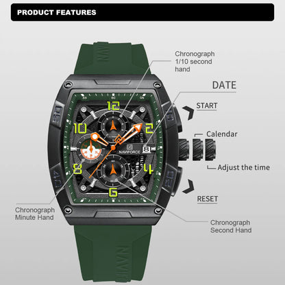 Montre Quartz Sport Homme NAVIFORCE NF8052 — Grand Cadran 44 mm, Chronographe, Aiguilles Lumineuses, Bracelet Silicone, 13 Coloris | TechNova X