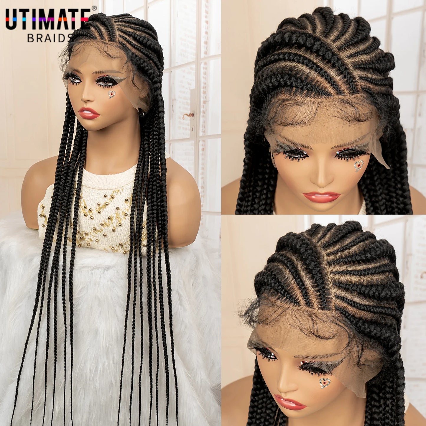 Perruque tressée synthétique pleine dentelle Cornrow Box 34 pouces dentelle frontale Crochet déesse tresses perruque pour les femmes noires africaines