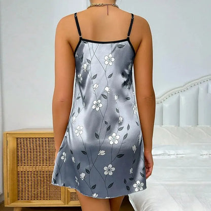 Robe de nuit en satin à imprimé floral pour femme, confortable, bretelles spaghetti, luxueuse, slip
