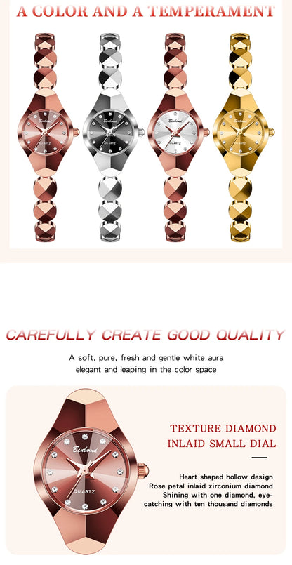 Montre Femme Quartz BINBOND N220 — Bracelet Acier Inoxydable, Style Luxe, 3 ATM, 4 Coloris