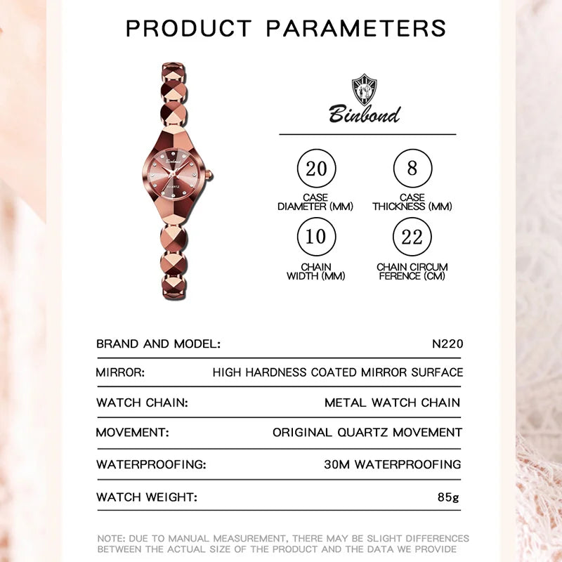 Montre Femme Quartz BINBOND N220 — Bracelet Acier Inoxydable, Style Luxe, 3 ATM, 4 Coloris