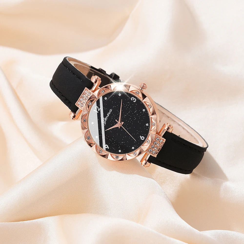 Coffret Bijoux Femme 5 Pièces Strass — Montre Quartz Cuir, Bague, Collier & Boucles d’Oreilles