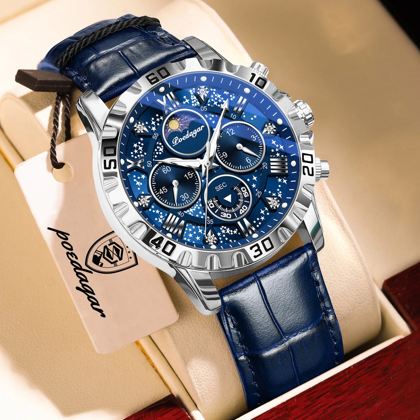 Montre Quartz Luxe Homme POEDAGAR 973 — Chronographe Lumineux, Verre Saphir, Bracelet Cuir, 3 ATM, 7 Coloris | TechNova X