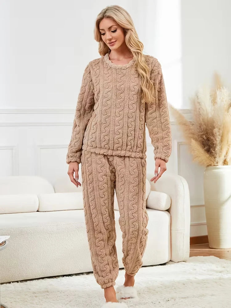 Ensemble Pyjama Flanelle Polaire Femme — Haut Col Rond & Pantalon Chaud