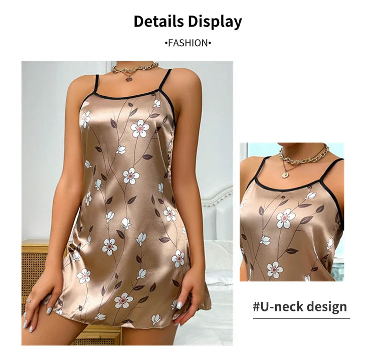 Robe de nuit en satin à imprimé floral pour femme, confortable, bretelles spaghetti, luxueuse, slip