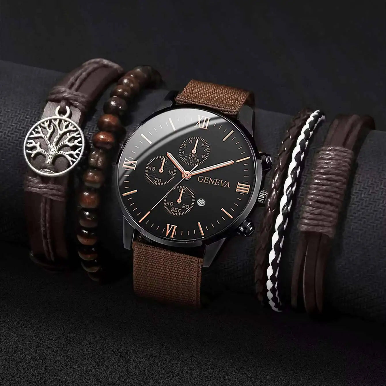 Montre Homme Quartz — Cadran Chiffres Romains + 3-4 Bracelets Interchangeables Cuir & Nylon