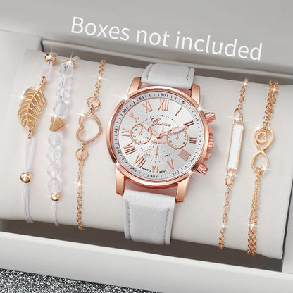 Coffret 6 Pièces Femme Style Roma — Montre Quartz Chiffres Romains 42mm + 5 Bracelets Cuir Interchangeables