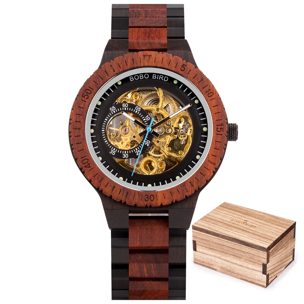 Montre Mécanique en Bois Homme BOBO BIRD — Squelette Lumineux, Étanche 3 ATM, Gravure Personnalisée, 6 Modèles | TechNova X
