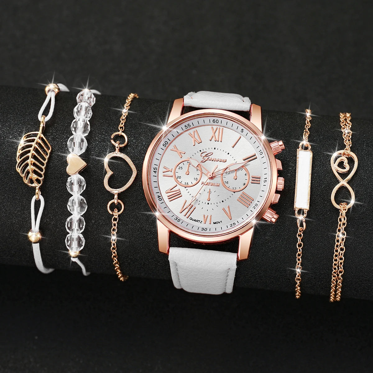 Coffret 6 Pièces Femme Style Roma — Montre Quartz Chiffres Romains 42mm + 5 Bracelets Cuir Interchangeables
