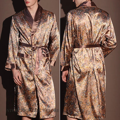 Kimono Peignoir Satin Imprimé Homme — Robe de Chambre avec Poches, Col en V