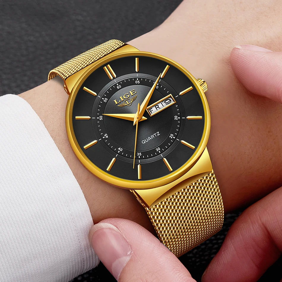 Montre Homme LIGE 9949 — Quartz Ultra-Fine, Bracelet Acier Inox, Date & Semaine, 3 ATM
