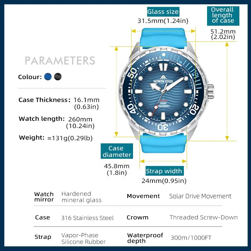 Montre Plongée NORTH EDGE TRITON — Solaire, Quartz, Acier 316L, Étanche 300M