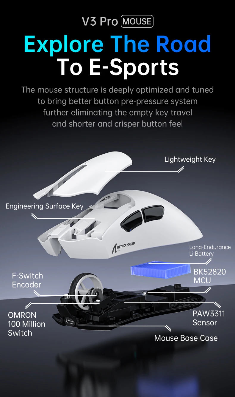 Souris de jeu sans fil Attack Shark V3 PRO, tri-mode 2.4G/BT/filaire, ultra-légère, PAW3311, 26000 DPI