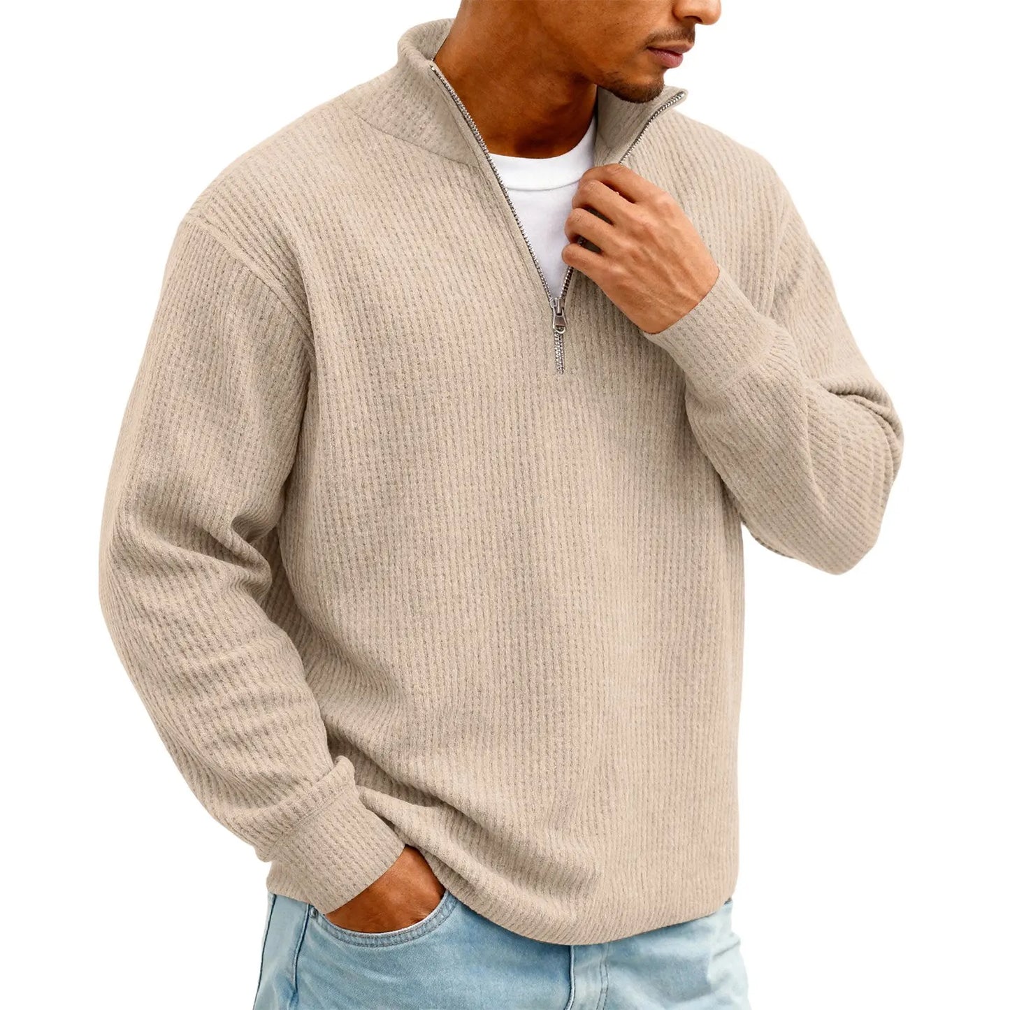 Sweat Col Polo Homme — Manches Longues, Fermeture Éclair, Coupe Ample | Automne-Hiver