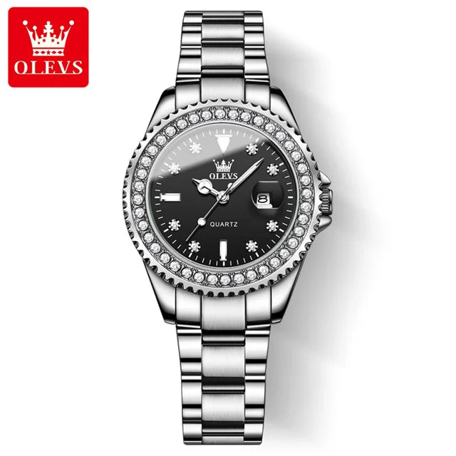 Montre Femme Quartz OLEVS 9945 — Cadran Diamant Lumineux, Acier Inoxydable, Date, 3 ATM