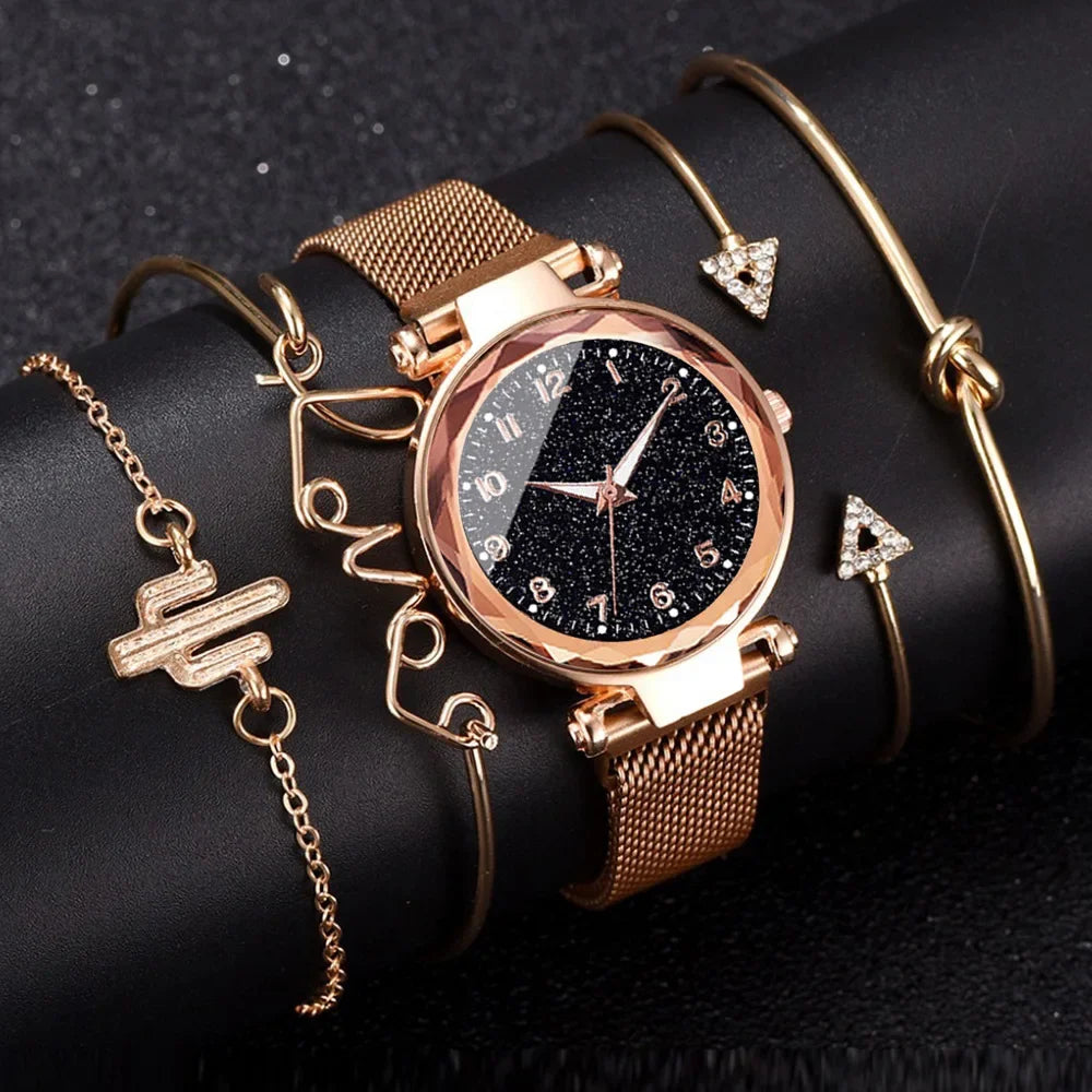 Montre Quartz Femme MOONBIFFY — Cadran Ciel Étoilé 36 mm, Bracelet Maille Alliage, Chiffres Arabes, 5 Styles | TechNova X