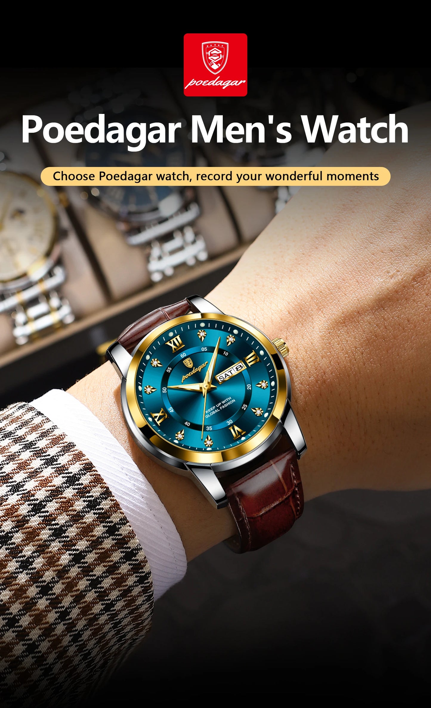 Montre Homme POEDAGAR 936L — Quartz, Bracelet Cuir, Lumineux, Date & Semaine