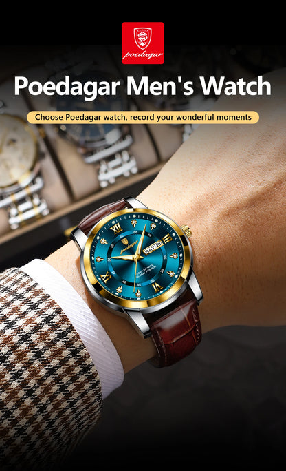 Montre Homme POEDAGAR 936L — Quartz, Bracelet Cuir, Lumineux, Date & Semaine