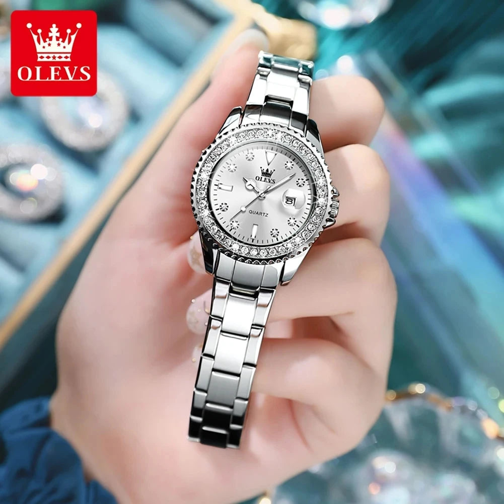 Montre Femme Quartz OLEVS 9945 — Cadran Diamant Lumineux, Acier Inoxydable, Date, 3 ATM