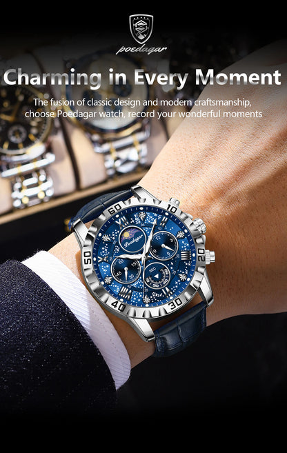 Montre Quartz Luxe Homme POEDAGAR 973 — Chronographe Lumineux, Verre Saphir, Bracelet Cuir, 3 ATM, 7 Coloris | TechNova X