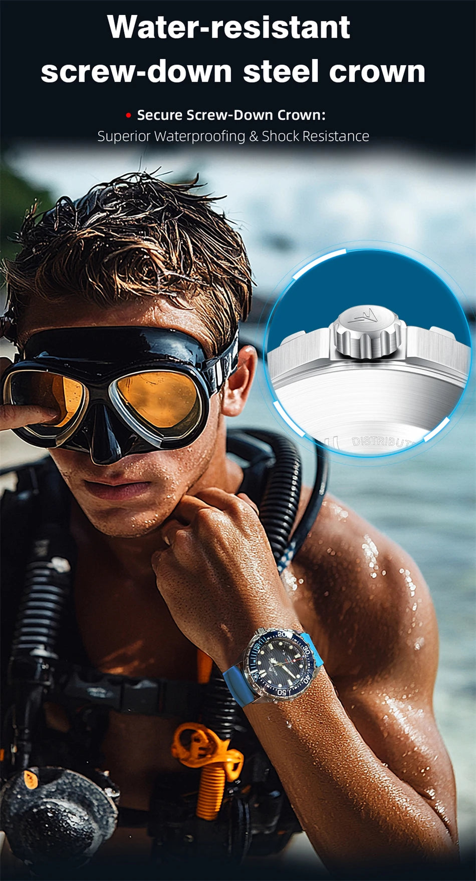 Montre Plongée NORTH EDGE TRITON — Solaire, Quartz, Acier 316L, Étanche 300M