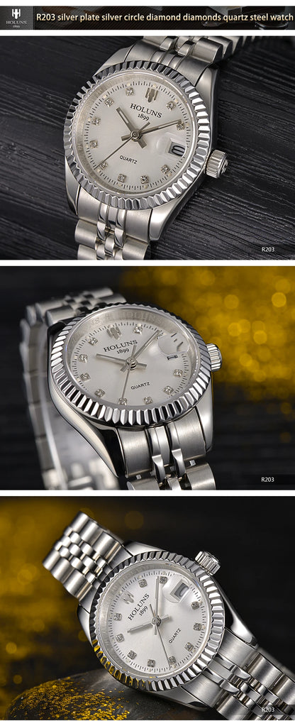 Montre Femme Luxe Diamant — Quartz Acier Inoxydable, Étanche 5 ATM