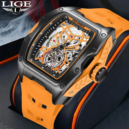 Montre Mécanique Homme Squelette — Boîtier Carré Acier, Automatique, Étanche 3 ATM, Bracelet Silicone | TechNova X